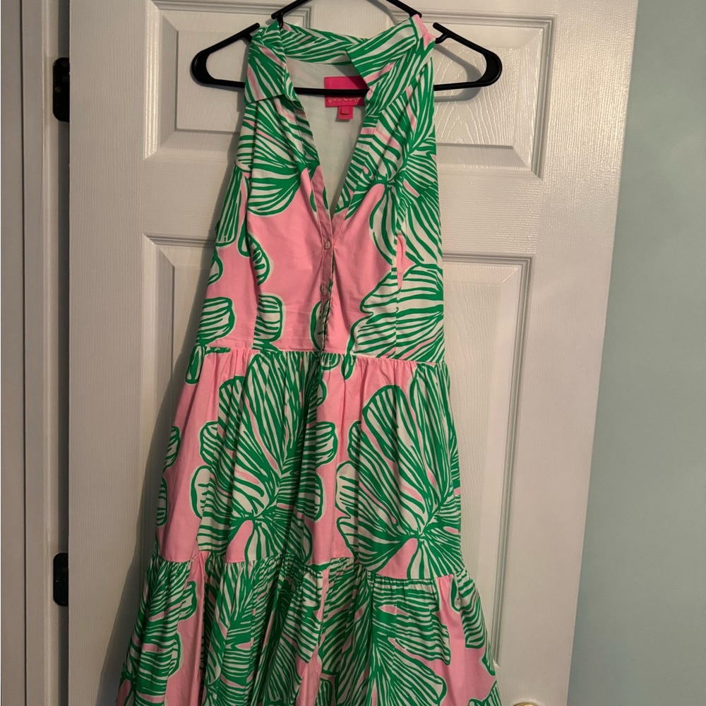 Pink and Green Leaf Print Halter Dress
